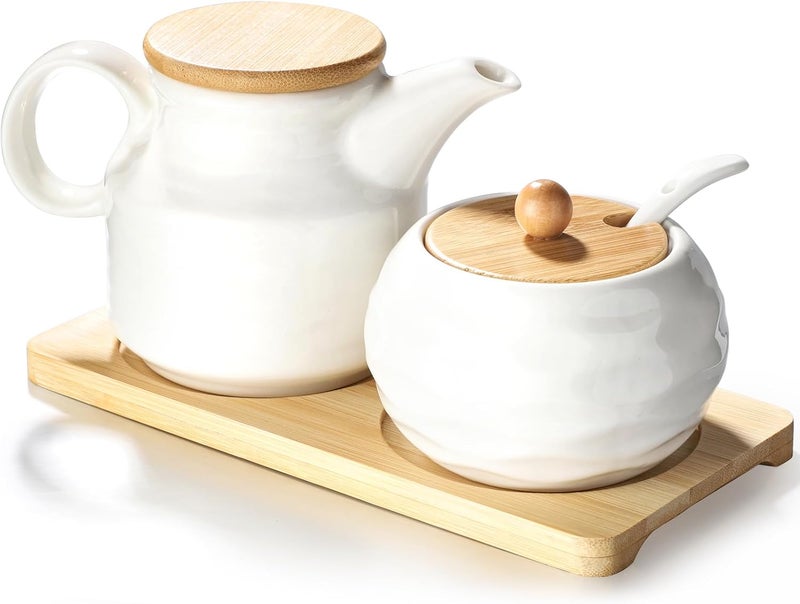 Sailench Ceramic Sugar and Creamer Set,12oz Cream Pitcher and 7.5oz Sugar Bowl with Lid,Coffee Serving Set for Cream and Sugar Spices, Condiments (2, Large) - Image 1