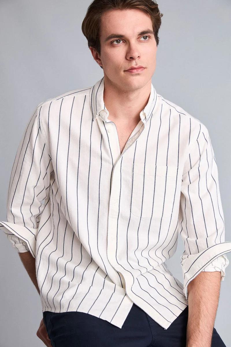 Defacto Regular Fit Polo Collar Cotton Striped Long Sleeve Shirt