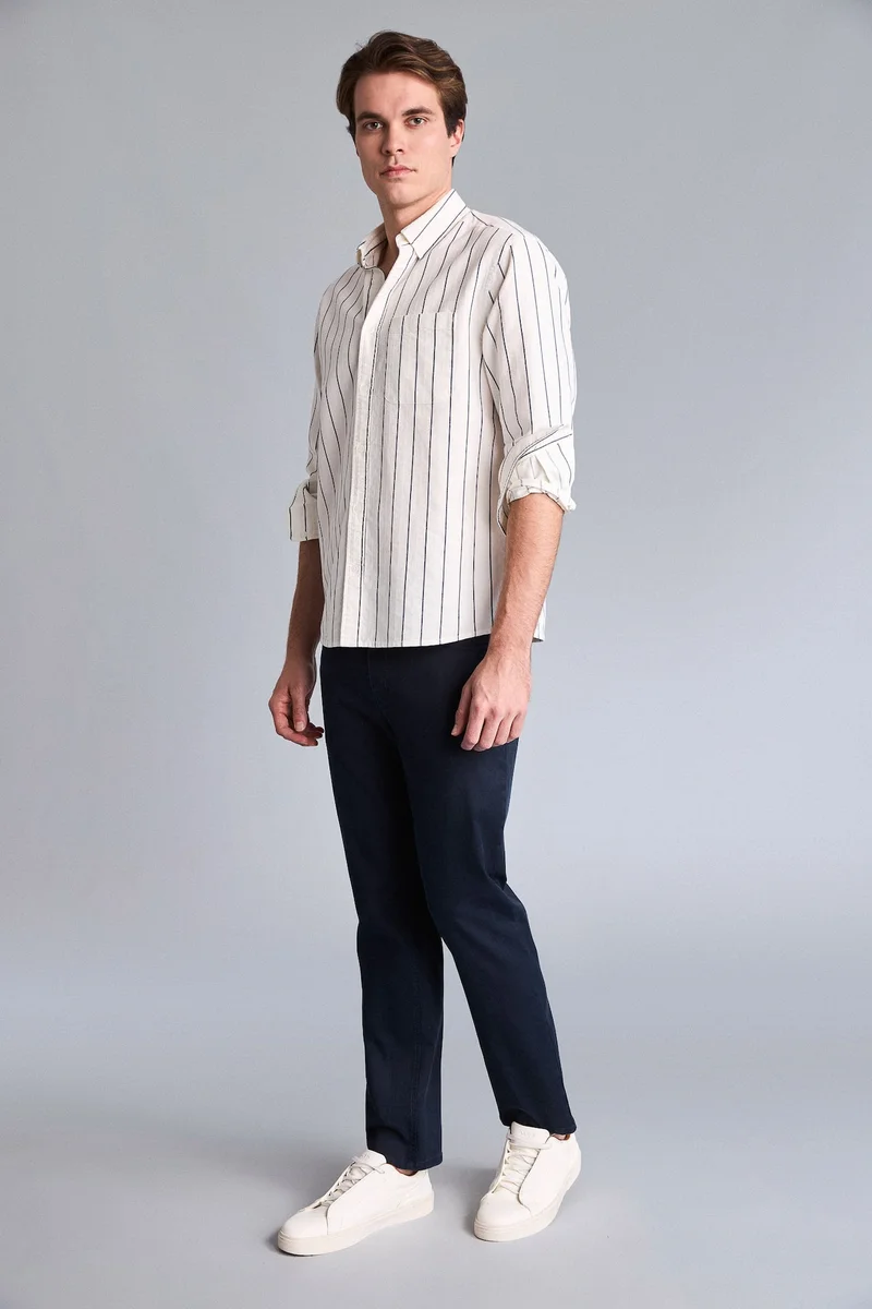 Defacto Regular Fit Polo Collar Cotton Striped Long Sleeve Shirt