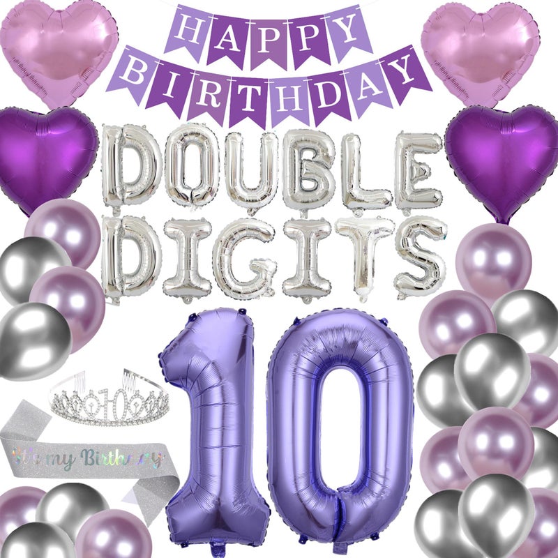 DUFACAI 42 Pieces 10th Birthday Decorations Double Digits Party Balloons Purple Happy Birthday Banner Silver Sash 10th Tiara Number 10 Foil Balloons Latex Balloons for 10 Year Old Girls Party Purple - Image 3