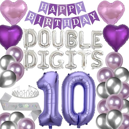 DUFACAI 42 Pieces 10th Birthday Decorations Double Digits Party Balloons Purple Happy Birthday Banner Silver Sash 10th Tiara Number 10 Foil Balloons Latex Balloons for 10 Year Old Girls Party Purple - Image 1