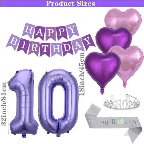 DUFACAI 42 Pieces 10th Birthday Decorations Double Digits Party Balloons Purple Happy Birthday Banner Silver Sash 10th Tiara Number 10 Foil Balloons Latex Balloons for 10 Year Old Girls Party Purple - Image 5