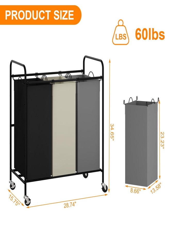 Takywep 3 Section Laundry Hamper, 120L Large Rolling Laundry Sorter Cart, Laundry Basket with Lockable Wheels & Removable Bags, Laundry Room Organization for Dirty Clothes Storage - Image 3