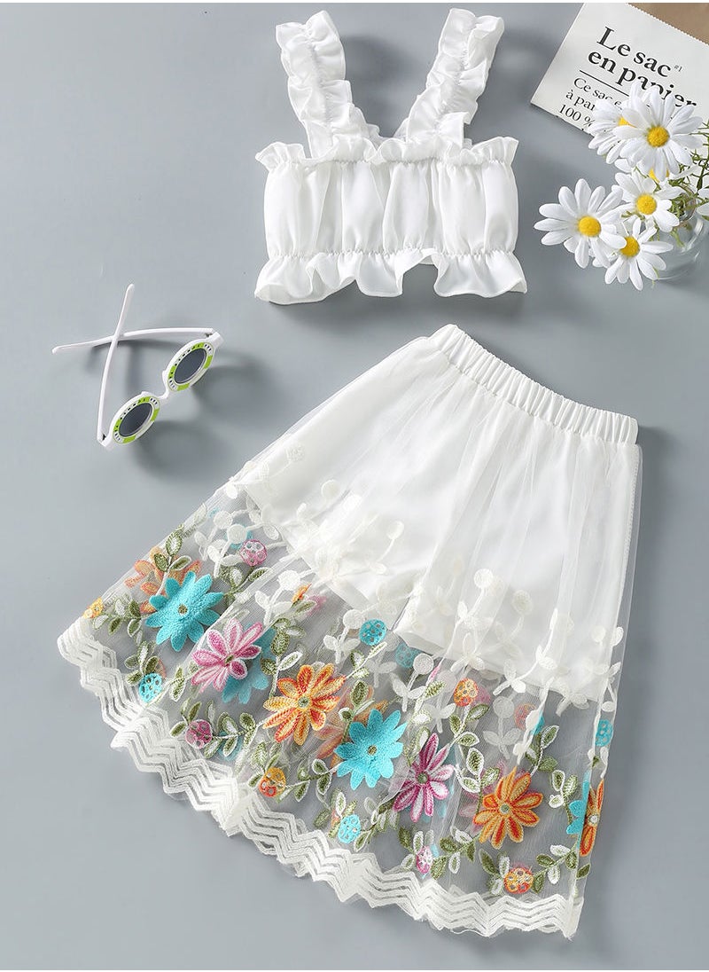 Kidle - Summer Breathable Two-piece White Pattern Suspender Skirt - Image 1