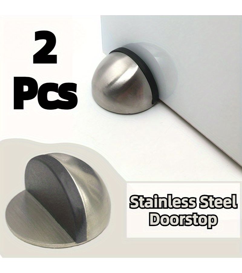 Silvery 2Pcs Stainless Steel Door Stop With Rubber Bumper No Drilling Required Anti Collision For Home Bathroom - Image 1