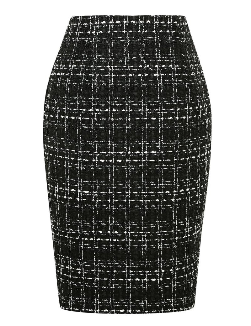 IDEALSANXUN Tweed Skirt for Women Fall Fashion 2023 Wool Plaid Tartan High Waisted Pencil Bodycon Midi Skirts with Slit Winter Clothes(Tweed Black, XS) - Image 1
