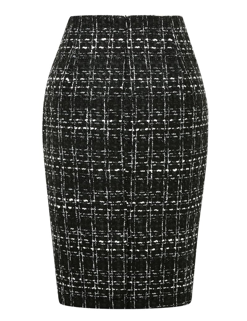 IDEALSANXUN Tweed Skirt for Women Fall Fashion 2023 Wool Plaid Tartan High Waisted Pencil Bodycon Midi Skirts with Slit Winter Clothes(Tweed Black, XS) - Image 2