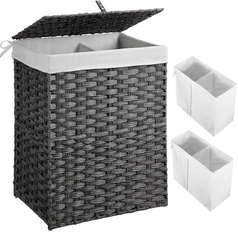 Greenstell Greenstell Laundry Hamper with 2 Removable Liner Bags  90L Divided Clothes Hamper Handwoven Synthetic Rattan Foldable Laundry Basket with Lid and Handles Gray 183x133x240Inches 
