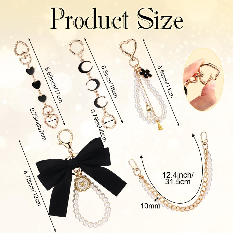 Sureio 5 Pcs Bag Extender Chain Pearl Purse Chain Ribbon Bow Keychain Extender Bag Strap Purse Charms Accessories for Handbag(Gold and Black) - Image 2