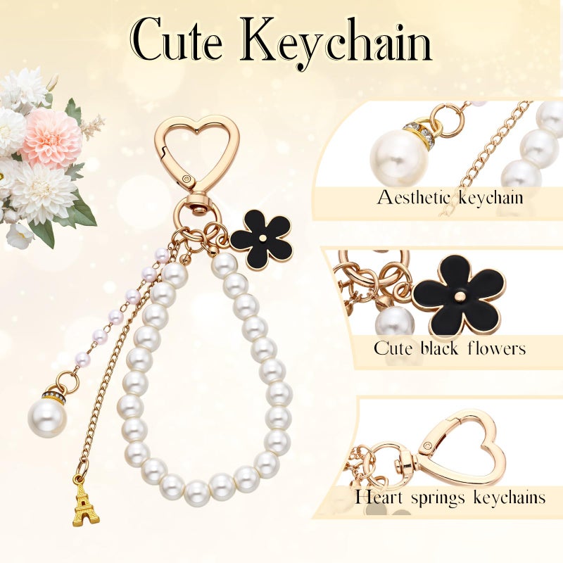 Sureio 5 Pcs Bag Extender Chain Pearl Purse Chain Ribbon Bow Keychain Extender Bag Strap Purse Charms Accessories for Handbag(Gold and Black) - Image 3
