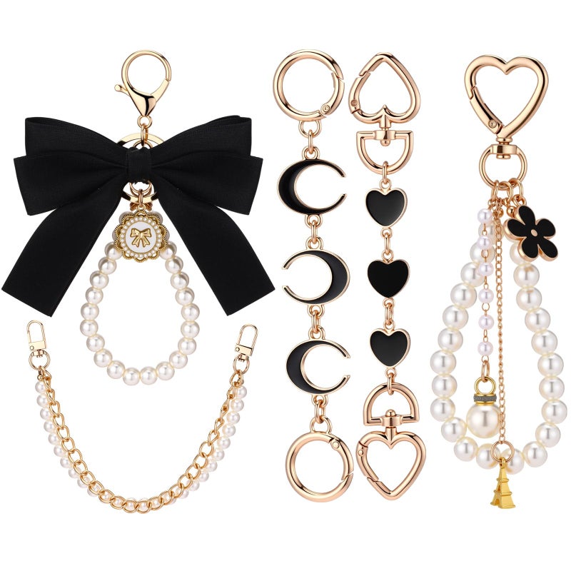 Sureio 5 Pcs Bag Extender Chain Pearl Purse Chain Ribbon Bow Keychain Extender Bag Strap Purse Charms Accessories for Handbag(Gold and Black) - Image 1
