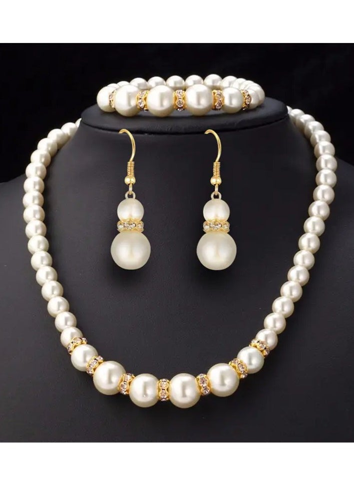 Home Clearance Sale - Set Of 3 Elegant And Stylish Imitation Pearl Necklace, Bracelet, And Earrings Set, Bridal Accessory Set - Image 1