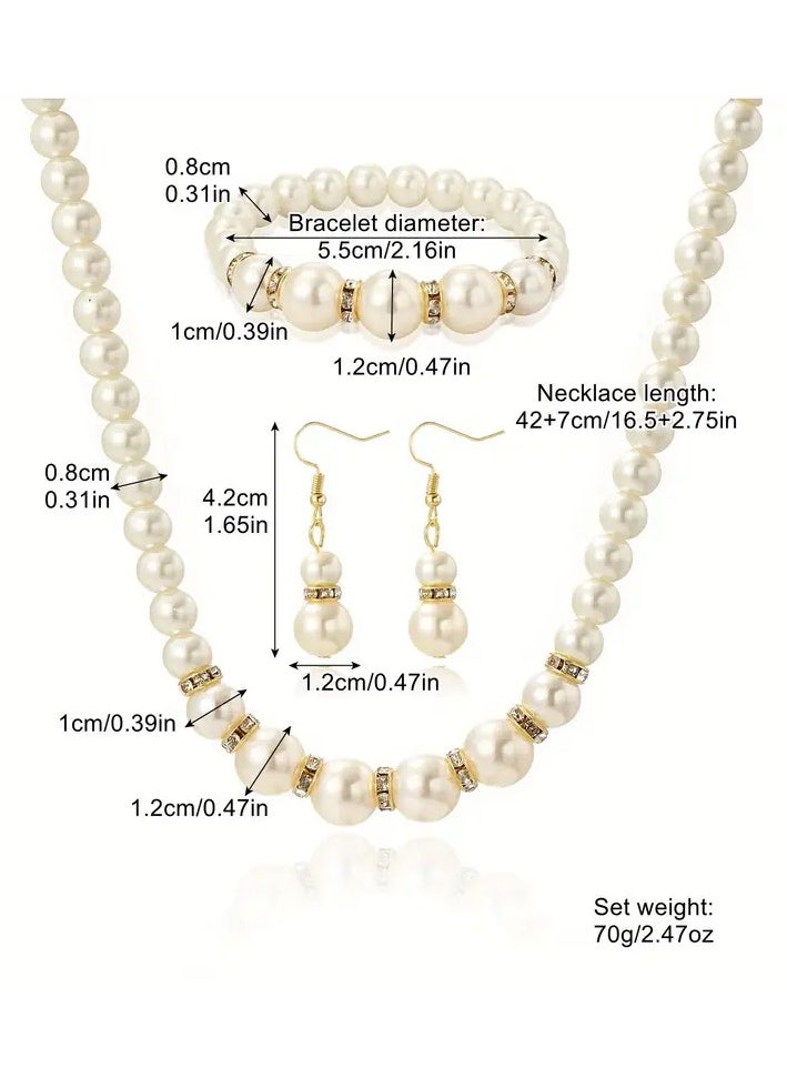 Home Clearance Sale - Set Of 3 Elegant And Stylish Imitation Pearl Necklace, Bracelet, And Earrings Set, Bridal Accessory Set - Image 1
