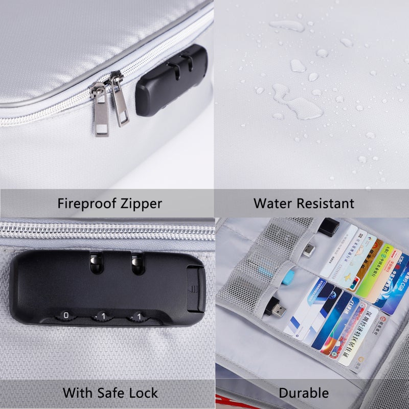 Fireproof Document Bag with Lock Zipper Closure Fire& Water Money Bag Storage Pouch Organizer Case Home Office Travel Safe Bag for Documents Files Money Cards Passport Valuables - Image 4