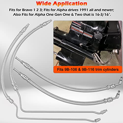 Bonbo Power Trim Tilt Hydraulic Ram Cylinder Hose Kit Compatible with Mercruiser Alpha I Gen I 16-3/16" Gen II Bravo 1 2 3, Braided Stainless Steel Hoses Fits for 9B-106 and 9B-116 Trim Cylinders - Image 2