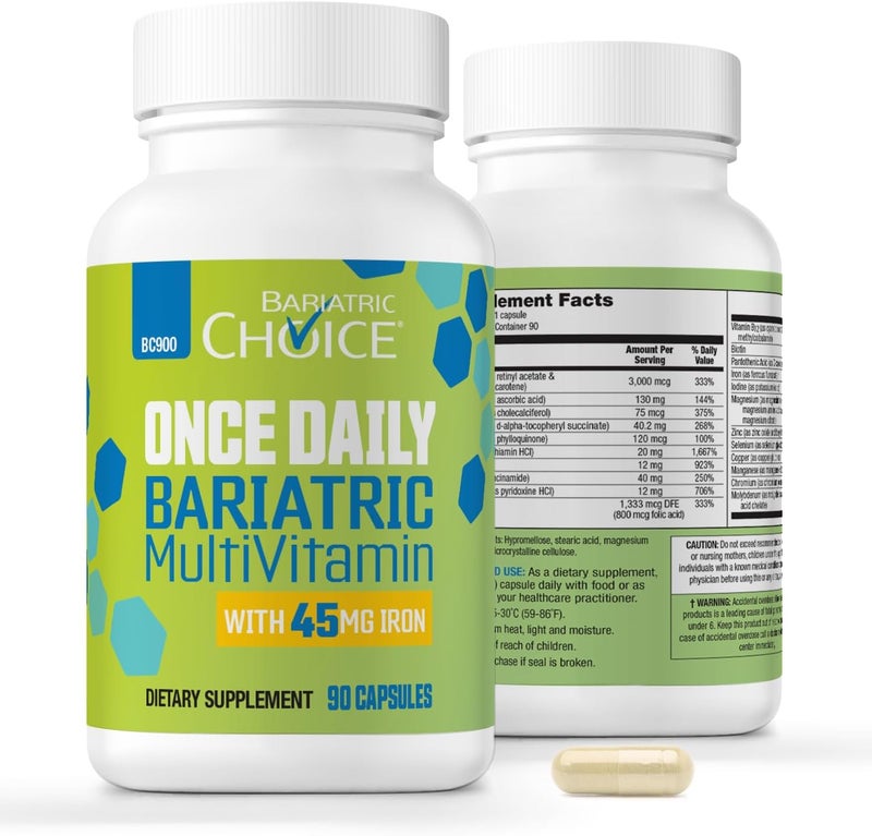 Bariatric Choice فيتامينات متعددة للاختيار الباريتري مرة يوميًا مع 45 ملغ من الحديد كبسولة سهلة البلع فيتامين لمرضى جراحة الباريتري 90 حبة إمداد لمدة 3 أشهر - Image 1
