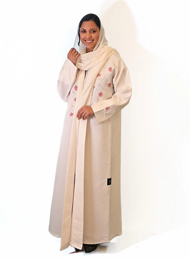 جميلة Cream Abaya with Stone Embellishment and Intricate Embroidery