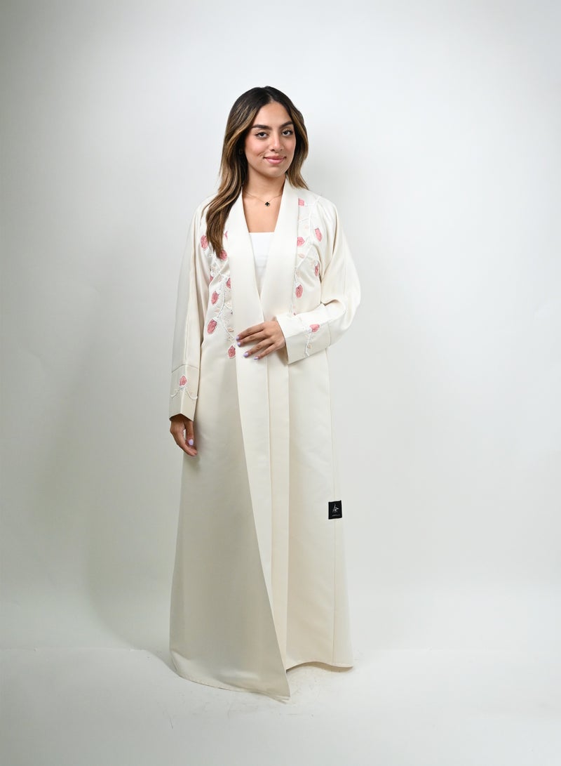 JAMEELA Cream Abaya with Stone Embellishment and Intricate Embroidery - Image 1