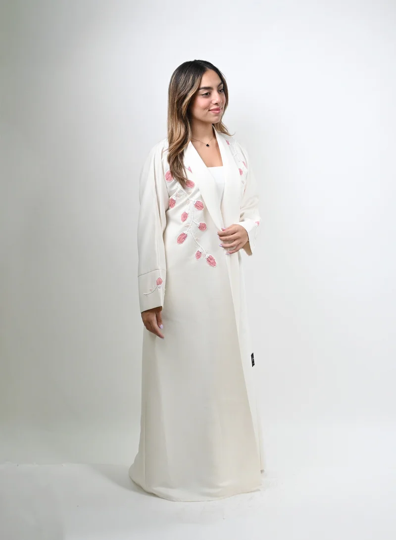 JAMEELA Cream Abaya with Stone Embellishment and Intricate Embroidery