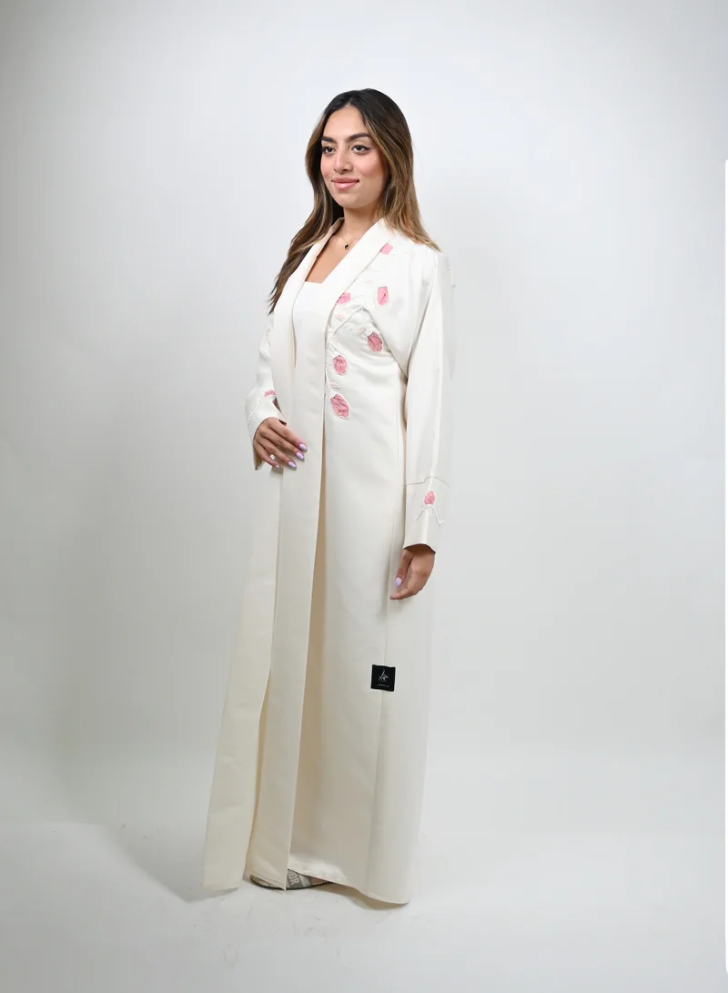 JAMEELA Cream Abaya with Stone Embellishment and Intricate Embroidery