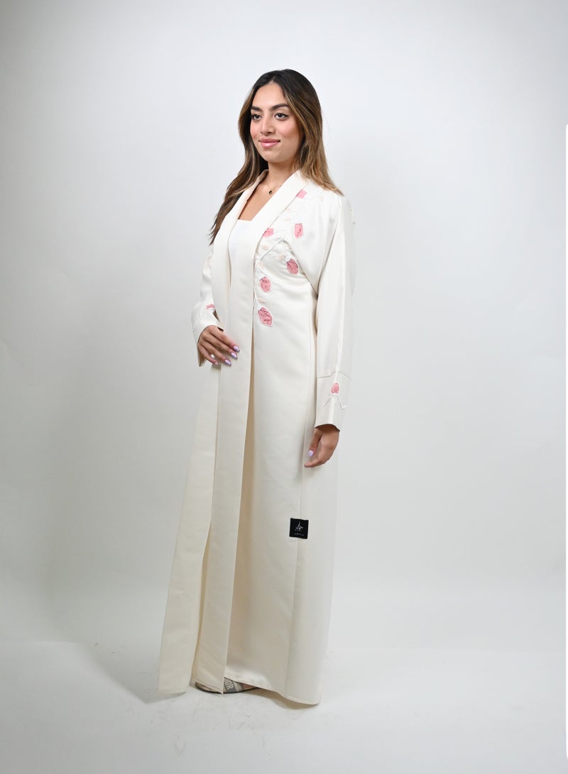 JAMEELA Cream Abaya with Stone Embellishment and Intricate Embroidery - Image 3