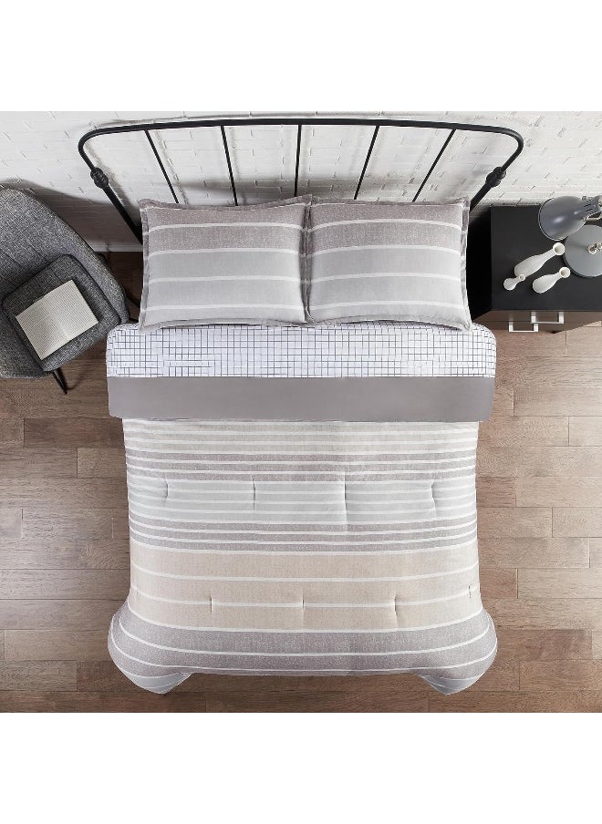 Serta - SERTA Simply Clean Conrad Soft 7 Piece Stripe Bed in A Bag Complete Bedding Comforter Set with Sheets and Pillow Cases for All Season, Full, Charcoal - Image 1
