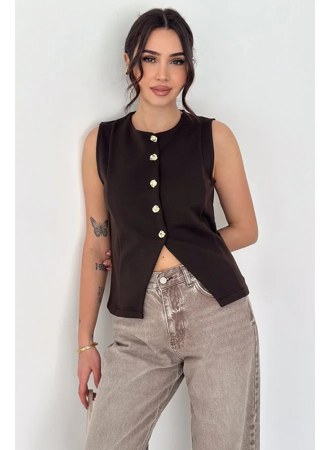 Noa Noa Women's Sleeveless Blouse with Gold Button Details – Button Edge