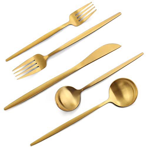 VANVRO Matte Gold Silverware Set, VANVRO 20-Piece Stainless Steel Flatware Set, Satin Finish tableware Cutlery Set, Service for 4, Home and Restaurant, Dishwasher Safe - Image 1
