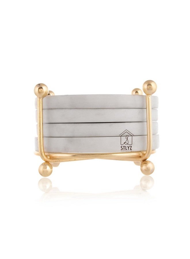 STLYZ White Round Marble Coaster with Metal Stand, 4 pcs. Set for Tea Coffee Cocktail Natural Solid Handmade Marble Coaster Table Decorative Coaster Set with Holder for Bar Table,Hot & Cold Drinks - Image 4