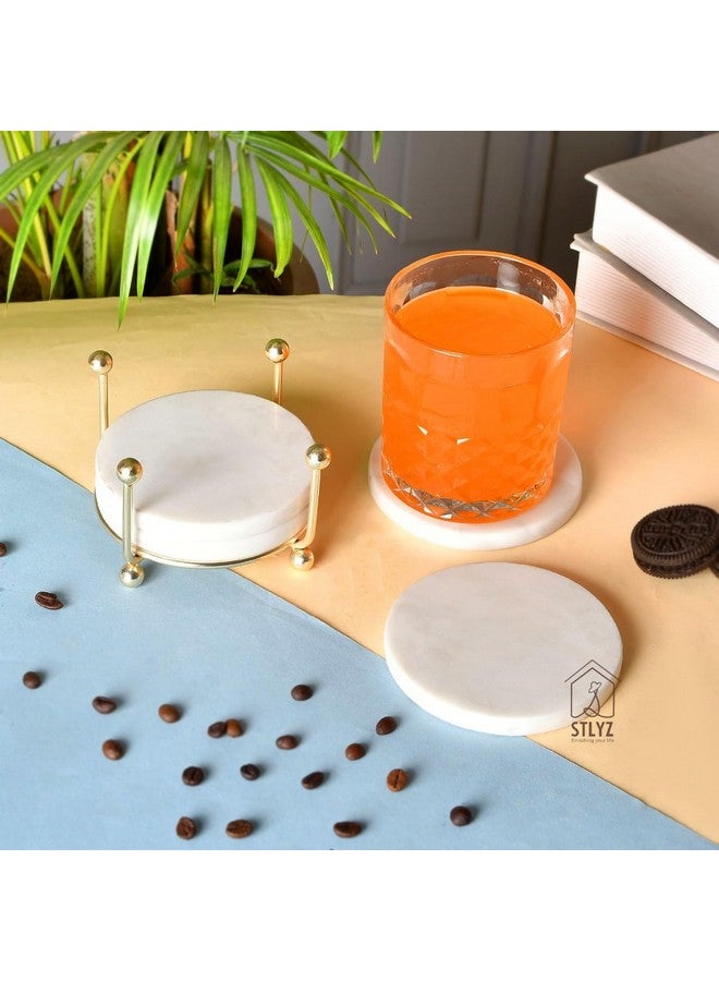 STLYZ White Round Marble Coaster with Metal Stand, 4 pcs. Set for Tea Coffee Cocktail Natural Solid Handmade Marble Coaster Table Decorative Coaster Set with Holder for Bar Table,Hot & Cold Drinks - Image 1