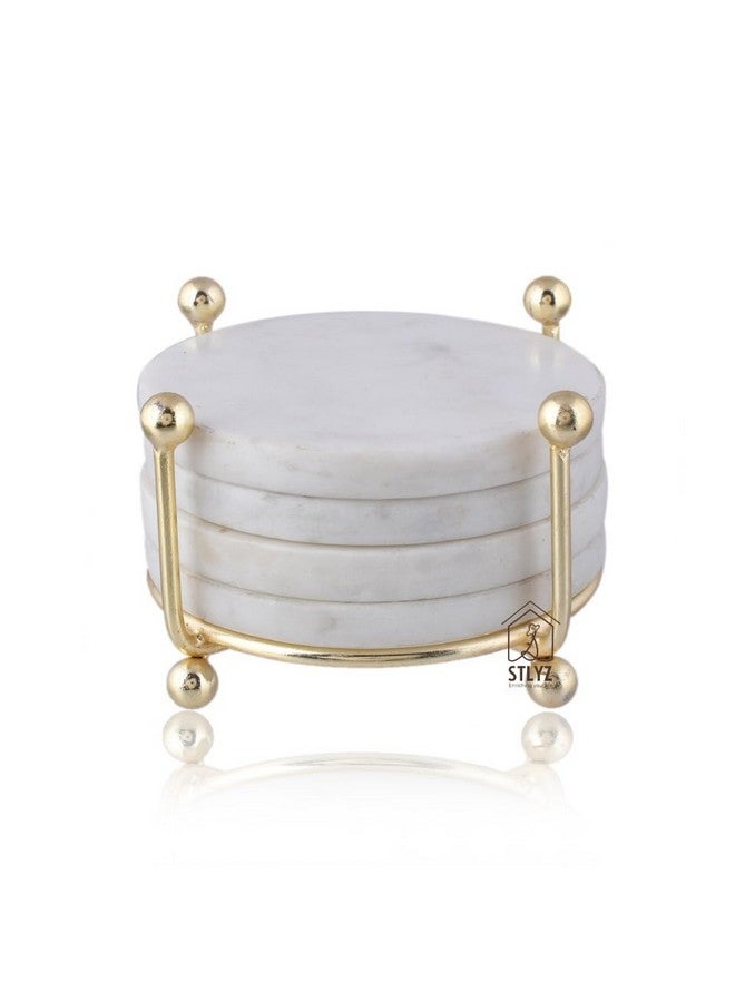 STLYZ White Round Marble Coaster with Metal Stand, 4 pcs. Set for Tea Coffee Cocktail Natural Solid Handmade Marble Coaster Table Decorative Coaster Set with Holder for Bar Table,Hot & Cold Drinks - Image 2
