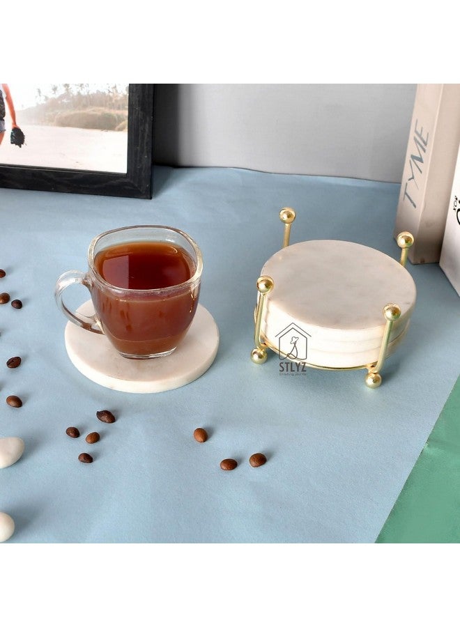 STLYZ White Round Marble Coaster with Metal Stand, 4 pcs. Set for Tea Coffee Cocktail Natural Solid Handmade Marble Coaster Table Decorative Coaster Set with Holder for Bar Table,Hot & Cold Drinks - Image 3