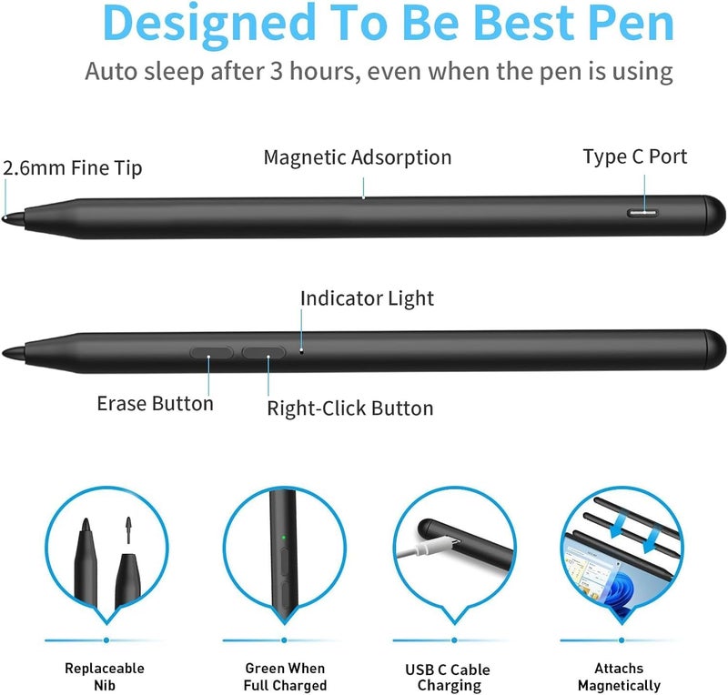 iafer Pen for Microsoft Surface Pro 10/9/8/X/7+/6/5/4/3/Surface 3, Surface Go 4/3/2/1, Surface Laptop/Studio/Book 4/3/2/1 with 4096 Pressure Sensitivity, Palm Rejection, Tilt Function (Charging Black) - Image 3