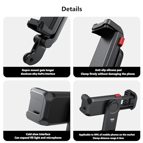 VRIG Phone Holder/Hot Shoe Mount Adapter Kit Compatible with Action Camera GoPro Hero 11 10 9 8 7 6 5, DJI OSMO Action/Action 2, iPhone17 Pro Max, Samsung, Attaching on DSLR Camera or Ring Light - Image 3