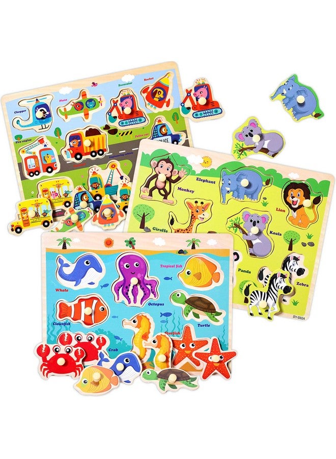 Blppldyci Wooden Peg Puzzles for Toddlers 2 3 4 Years Old, Kids Educational Preeschool Peg Puzzles Toy, 3 Pcs Toddler Puzzles Set - Traffic, Animals and Ocean, Great Gift for Girls and Boys (First Edition) - Image 1