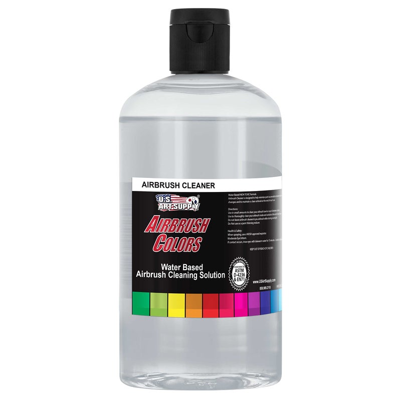 US Art Supply U.S. Art Supply Airbrush Cleaner, 16-Ounce Pint Bottle - Fast Acting Cleaning Solution, Quickly Remove Water-Based Acrylic Paint, Watercolor, Makeup - Clean Clogged Airbrushes, Brushes, Artist Tools - Image 1