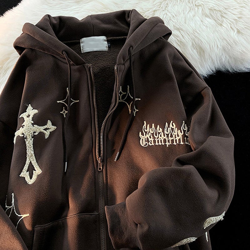American Style Trendy Brand Embroidered Sport Jacket Oversize Couple Top Cardigan Hooded Sweatshirt Men Spring Autumn Casual Loo Apricot  - Image 2