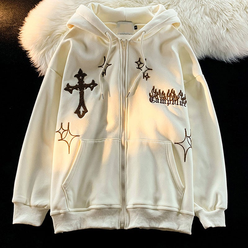 American Style Trendy Brand Embroidered Sport Jacket Oversize Couple Top Cardigan Hooded Sweatshirt Men Spring Autumn Casual Loo Apricot  - Image 1