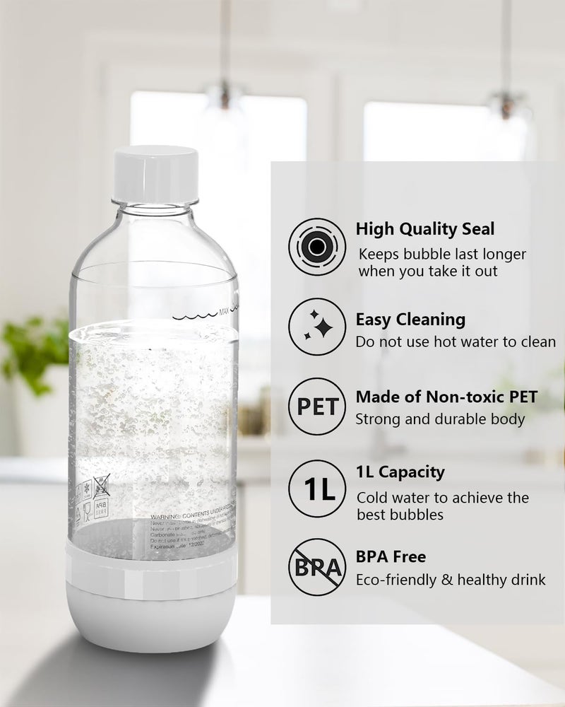 OiDiPi Soda Maker Bottles, 1 Litre Reusable BPA Free Sparkling Water Bottles, Reusable Carbonating Bottles, Replacement Bottle for Soda Machine, 2 Pack, Black (1L) & White (1L) - Image 3