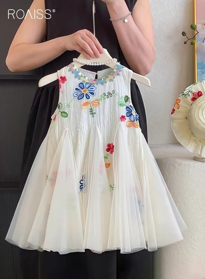 roaiss Girls Summer Tulle Dress, Sleeveless Round Neck Dress, Princess Dress with Exquisite Embroidery, Elegant Chic Frock for Girls, Suitable for Daily Wear, Vacations, Birthday Parties or Any Occasion - Image 2