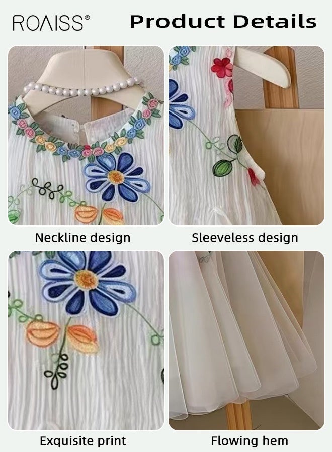 roaiss Girls Summer Tulle Dress, Sleeveless Round Neck Dress, Princess Dress with Exquisite Embroidery, Elegant Chic Frock for Girls, Suitable for Daily Wear, Vacations, Birthday Parties or Any Occasion - Image 4