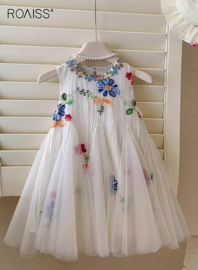roaiss Girls Summer Tulle Dress, Sleeveless Round Neck Dress, Princess Dress with Exquisite Embroidery, Elegant Chic Frock for Girls, Suitable for Daily Wear, Vacations, Birthday Parties or Any Occasion - Image 3