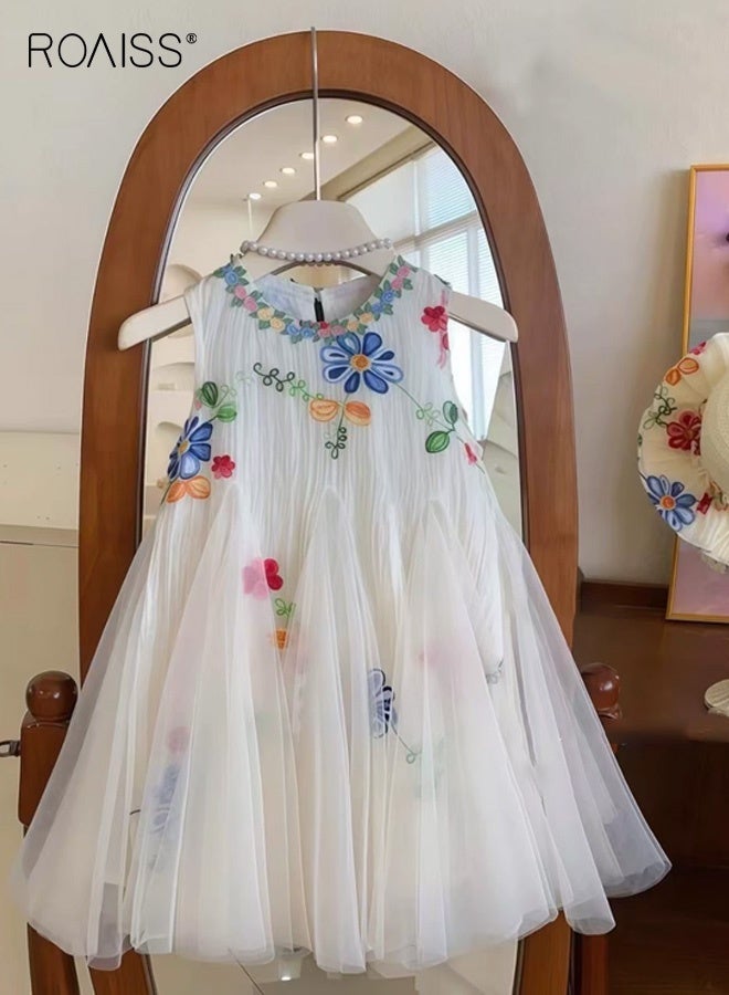 roaiss Girls Summer Tulle Dress, Sleeveless Round Neck Dress, Princess Dress with Exquisite Embroidery, Elegant Chic Frock for Girls, Suitable for Daily Wear, Vacations, Birthday Parties or Any Occasion - Image 1