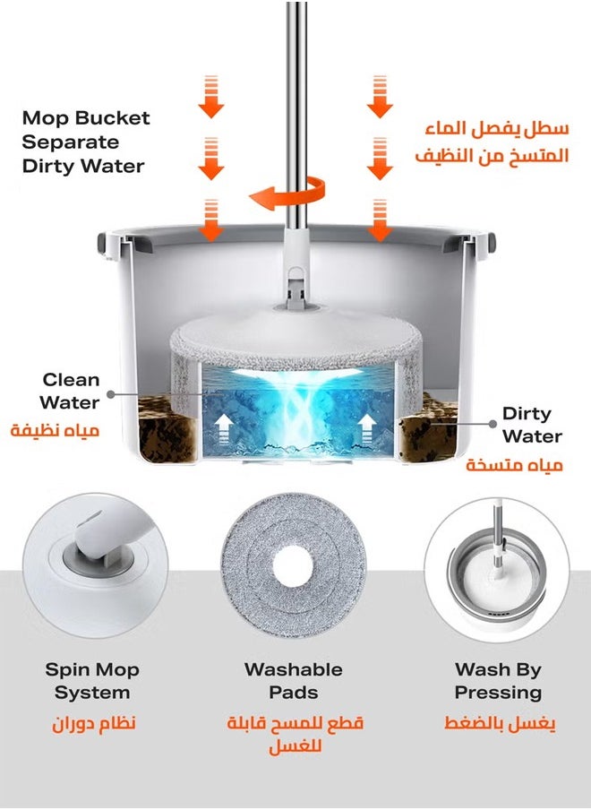 Cady One - 360 Degree Rotating Mop and Bucket Set Flat Design Self-separating Clean and Dirty Water with 4 Pieces of Microfiber and Extendable Handle Ideal for Cleaning All Kinds of Floors - Image 1