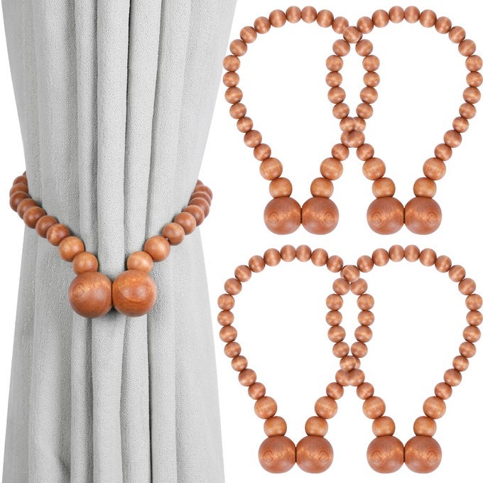 Magnetic Curtain Tiebacks Curtain Tie Backs for Curtains 4 Pack Wood Bead Curtain Tiebacks Curtain Holders for Boho Bedroom Decor Baby Nursery Decor Farmhouse Decor