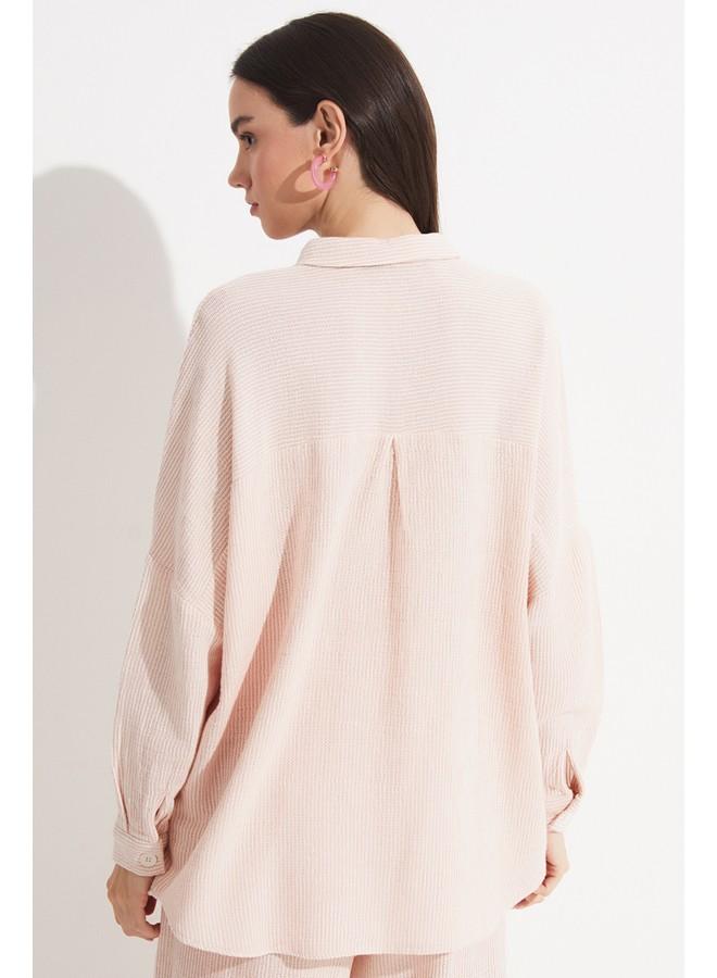 جون قميص قطن % نسائي بقصة واسعة لصديقك - لون سلموني - Image 3