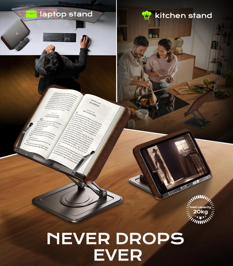 LOXP Book Stand for Reading, Adjustable Book Holder with 360Â°Rotating Bases, Ergonomic Cookbook Stand Recipe Book Holder with Elastic Page Clips for Magazines, Tablets, Laptops,Black - Image 4