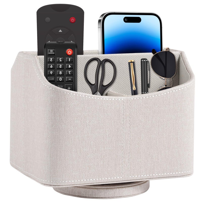 RHCSZ Leather Remote Control Holder 360 Degree Spinning,Desk Rotating Organizer/Caddy for TV Remote Controllers,Pen,Calculator Media Player,DVD,Office Supplies,Mobile Phone Storage Box (Beige) - Image 1