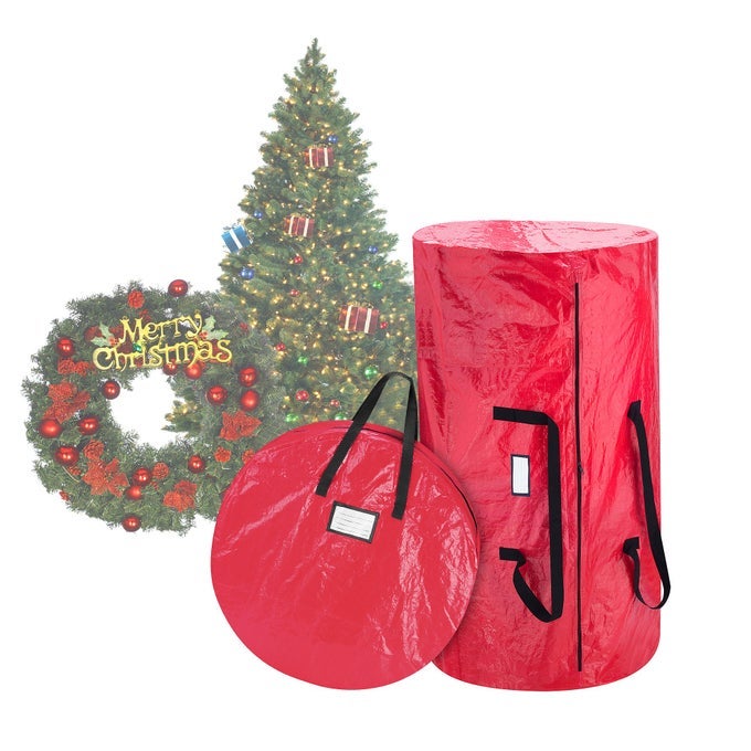 CHRISTMAS TREE AND WREATH STORAGE BAG SET ZIPPERED CANVAS ORGANIZERS STORE 9FOOT ARTIFICIAL TREE AND 30INCH HOLIDAY WREATHS BY RED