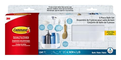 Command Bathroom Accessories, 5 Piece Bathroom Organizer Set - 1 Shower Caddy, 1 Soap Dish, 1 Toothbrush Holder, 2 Hooks with Water Resistant Command Strips - Image 1